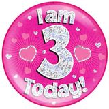 Oaktree Holographic Jumbo Badge - I am 3 Today Pink - Partyware