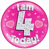 Oaktree Holographic Jumbo Badge - I am 4 Today Pink - Partyware