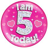 Oaktree Holographic Jumbo Badge - I am 5 Today Pink - Partyware