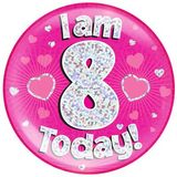 Oaktree Holographic Jumbo Badge - I am 8 Today Pink - Partyware