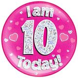 Oaktree Holographic Jumbo Badge - I am 10 Today Pink - Partyware