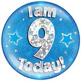 Oaktree Holographic Jumbo Badge - I am 9 Today Blue - Partyware