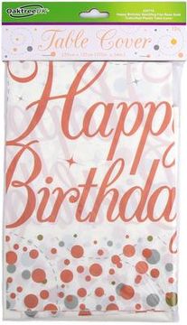 Happy Birthday Sparkling Fizz Rose Gold Colourfast Plastic Table Cover 137cm x 2.6m 1pc - Partyware