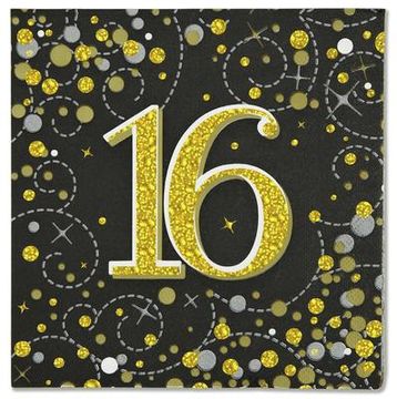 Oaktree Sparkling Fizz 16th Black & Gold 33cm x 33cm 3-ply Napkins 16pcs - Partyware