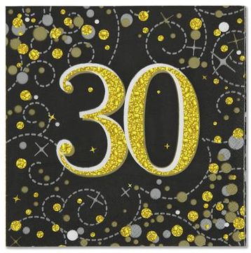 Oaktree Sparkling Fizz 30th Black & Gold 33cm x 33cm 3-ply Napkins 16pcs - Partyware