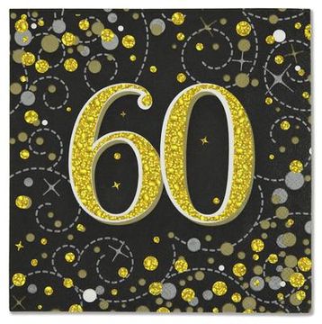 Oaktree Sparkling Fizz 60th Black & Gold 33cm x 33cm 3-ply Napkins 16pcs - Partyware