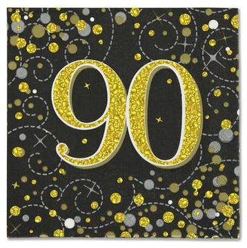 Oaktree Sparkling Fizz 90th Black & Gold 33cm x 33cm 3-ply Napkins 16pcs - Partyware