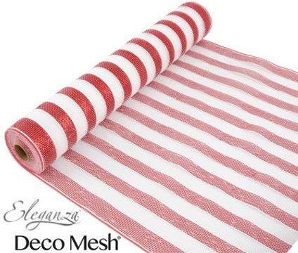 Deco Mesh Metallic Red & White Stripe 53cm x 9.1m Pattern No.267 - Organza / Fabric