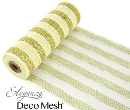 Deco Mesh Metallic Gold & Ivory Stripe 25cm x 9.1m Pattern No.266 - Organza / Fabric