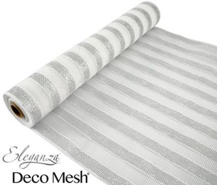 Deco Mesh Metallic Silver & White Stripe 53cm x 9.1m Pattern No.265 - Organza / Fabric