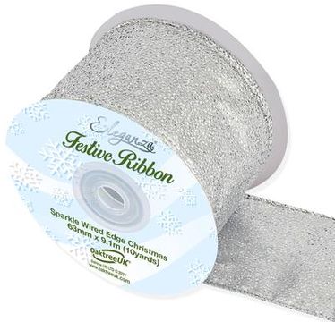 Eleganza Sparkle Wired Edge Ribbon 63mm x 9.1m Silver No.24 - Christmas Ribbon