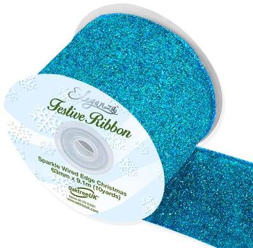 Eleganza Sparkle Wired Edge Ribbon 63mm x 9.1m Turquoise No.55 - Christmas Ribbon