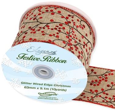 Eleganza Wired Edge Christmas Glitter Berries 63mm x 9.1m Design No.376 Natural/Red - Christmas Ribbon