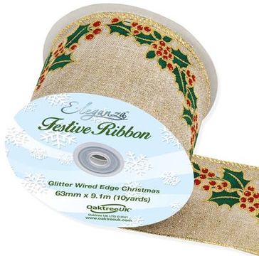 Eleganza Wired Glitter Edge Holly 63mm x 9.1m Design No.378 - Christmas Ribbon