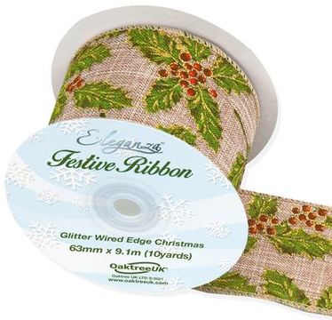 Eleganza Wired Edge Holly 63mm x 9.1m Design No.379 - Christmas Ribbon