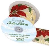 Eleganza Wired Glitter Poinsettia 63mm x 9.1m Design No.380 - Christmas Ribbon