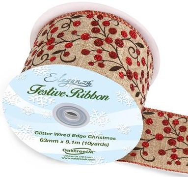 Eleganza Wired Edge Christmas Large Glitter Berries 63mm x 9.1m Design No.385 Nat/Red - Christmas Ribbon