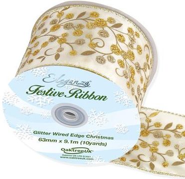 Eleganza Wired Edge Christmas Large Glitter Berries 63mm x 9.1m Design No.387 Cream/Gold - Christmas Ribbon