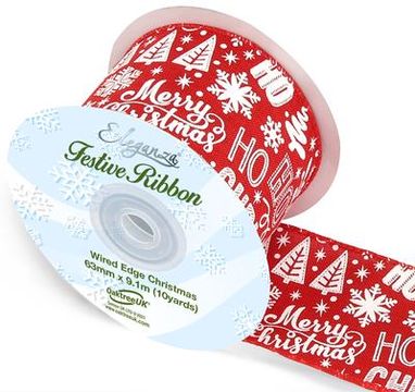 Eleganza Wired Edge Merry Christmas Ribbon 63mm x 9.1m Design No.391 - Christmas Ribbon