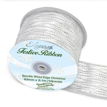 Eleganza Satin Wired Edge Festive Shimmer 63mm x 9.1m Design No.377 Silver No.24 - Christmas Ribbon