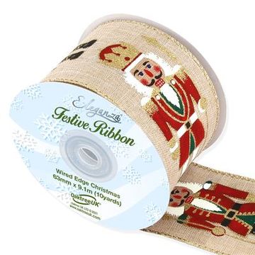 Eleganza Wired Edge Christmas Nutcracker Natural/Red No.400 63mm x 9.1m - Christmas Ribbon