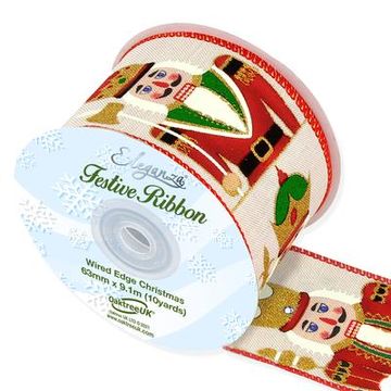 Eleganza Wired Edge Christmas Nutcracker Natural/Red No.401 63mm x 9.1m - Christmas Ribbon