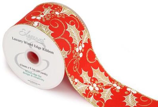 Eleganza Wired Edge Metallic Holly / Berries Design No.404 Gold/Red 63mm x 9.1m - Christmas Ribbon