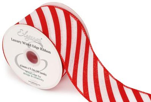 Eleganza Wired Edge Candy Stripe 63mm x 9.1m Design No.422 Red/White - Christmas Ribbon