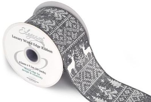 Eleganza Wired Edge Festive Reindeer 63mm x 9.1m Design No.413 Grey/White - Christmas Ribbon