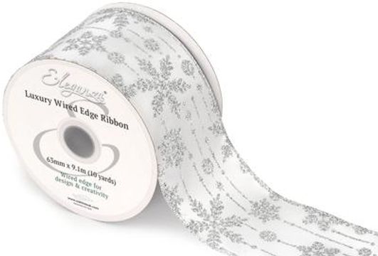 Eleganza Wired Edge Glamorous Snowflake 63mm x 9.1m Design No.414 White/Iridescent - Christmas Ribbon