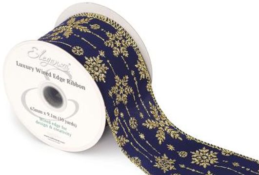 Eleganza Wired Edge Glamorous Snowflake 63mm x 9.1m Design No.414 Navy/Gold - Christmas Ribbon