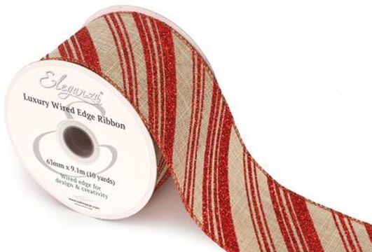 Eleganza Wired Edge Candy Stripe Glitter 63mm x 9.1m Design No.416 Natural/Red - Christmas Ribbon