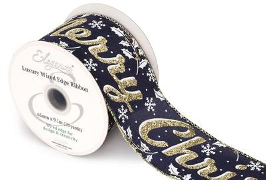 Eleganza Wired Edge Glamorous Merry Christmas 63mm x 9.1m Design No.417 Navy/Gold - Christmas Ribbon