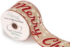 Eleganza Wired Edge Glamorous Merry Christmas 63mm x 9.1m Design No.417 Natural/Red - Christmas Ribbon