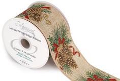 Eleganza Wired Edge Pine cone Christmas Glitter 63mm x 9.1m Design No.419 Natural - Christmas Ribbon