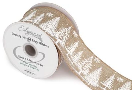 Eleganza Wired Edge Festive Forest 63mm x 9.1m Design No.421 Natural - Christmas Ribbon