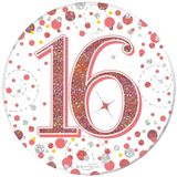 Oaktree 3inch Badge 16th Birthday Sparkling Fizz Rose Gold Holographic - Partyware