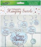 Oaktree Sparkling Fizz Hanging Swirls Happy Birthday White & Rose Gold 6pcs - Partyware