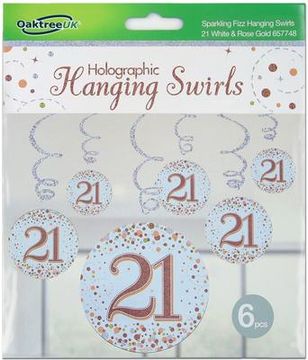 Oaktree Sparkling Fizz Hanging Swirls 21st White & Rose Gold 6pcs - Partyware