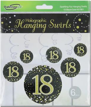 Oaktree Sparkling Fizz Hanging Swirls 18th Black / Gold 6pcs - Partyware