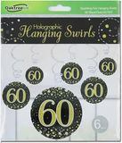 Oaktree Sparkling Fizz Hanging Swirls 60th Black / Gold 6pcs - Partyware