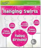 Oaktree Happy Birthday Pink Holographic Hanging Swirls 6pcs - Partyware