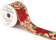 Eleganza Wired Edge Christmas Glitter Poinsettia/Holly No.423 63mm x 9.1m - Christmas Ribbon