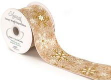 Eleganza Wired Edge Christmas Glitter Snowflake No.425 63mm x 9.1m Natural Gold - Christmas Ribbon