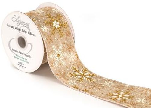 Eleganza Wired Edge Christmas Glitter Snowflake No.425 63mm x 9.1m Natural Gold - Christmas Ribbon