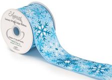 Eleganza Wired Edge Christmas Glitter Snowflake No.425 63mm x 9.1m White Blue - Christmas Ribbon