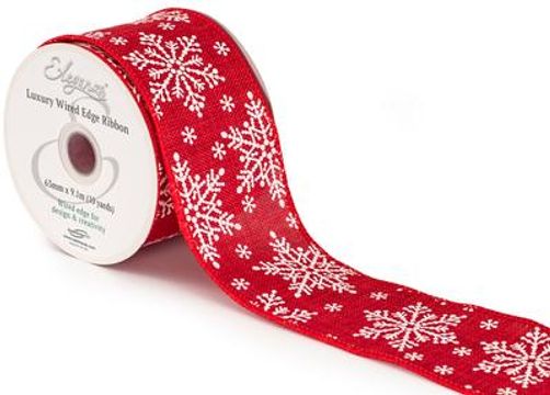 Eleganza Wired Edge Christmas Burlap Snowflake No.426 63mm x 9.1m Red White - Christmas Ribbon