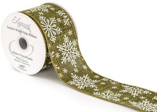 Eleganza Wired Edge Christmas Burlap Snowflake No.426 63mm x 9.1m Green White - Christmas Ribbon