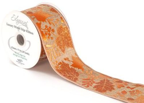 Eleganza Wired Edge Burlap Metallic Gilded leaves No.428 63mm x 9.1m Natural Copper - Christmas Ribbon