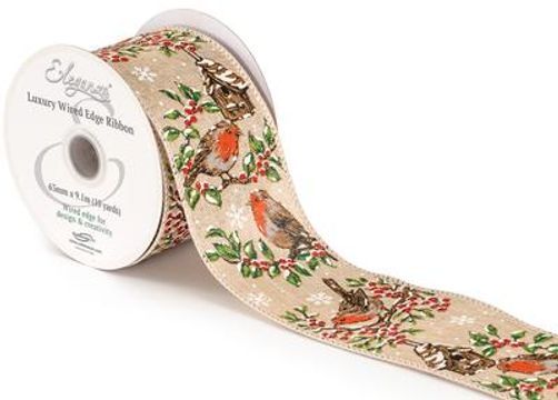 Luxury Wired Ribbon: Festive Robin - 63mm Luxury Wired Ribbon: Festive Robin - 63mm